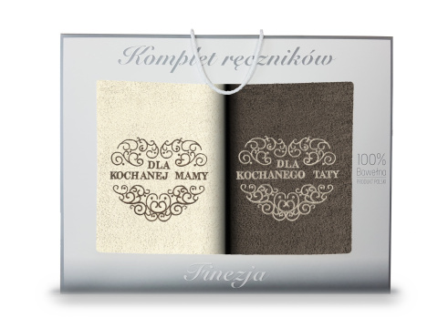 Komplet ręczników 2x50x90cm DLA KOCHANEJ MAMY DLA KOCHANEGO TATY ecru/taupe