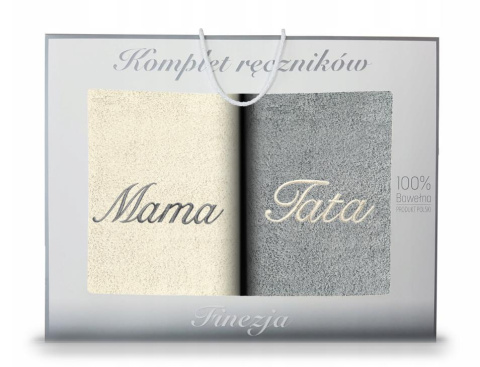 Komplet ręczników 2x50x90cm z haftem MAMA TATA ecru/popiel